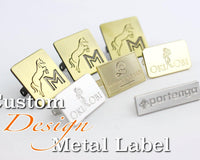 custom design metal label, engraved metal logo label, metal tag for handbag clutch, branding and marketing